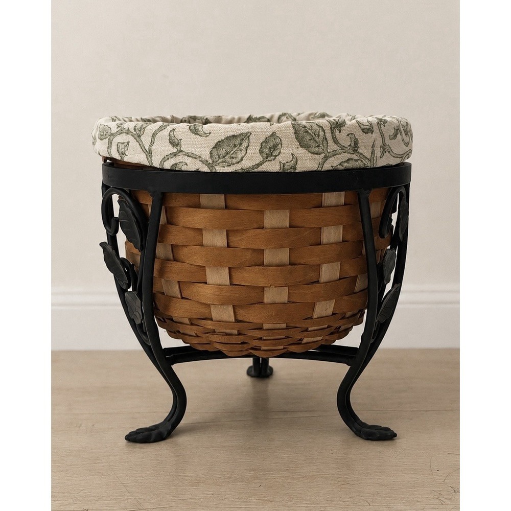 Longaberger Flora Basket Set Signed 2004 Iron Stand Liner Protector 9" Round